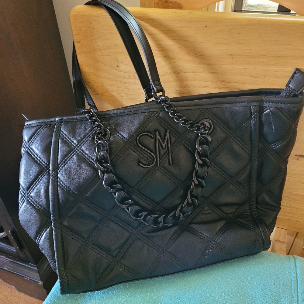 Steve Madden Black Quilted Tote with Chain Straps
